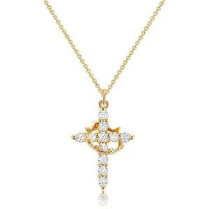 Crown Cross Necklace for Women 14K Gold Plated Crown Cross Pendant